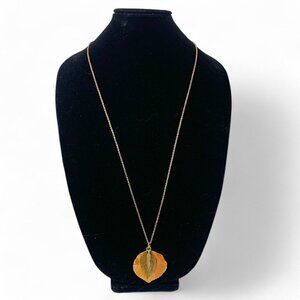 Vintage Necklace Gold Tone Chain & 3 Enamel & Gold Leaf Pendants 31"